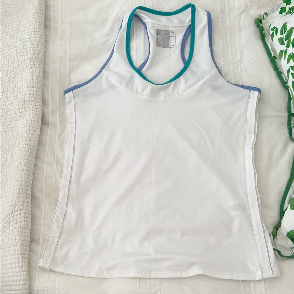 Lucky in Love tennis White Tank with Blue and green Trim